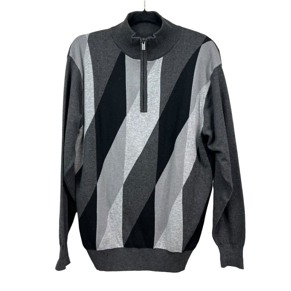 F/X Fusion Mens Knit Sweater Quarter Zip Mock Neck Ribbed Hem Gray Sz M*